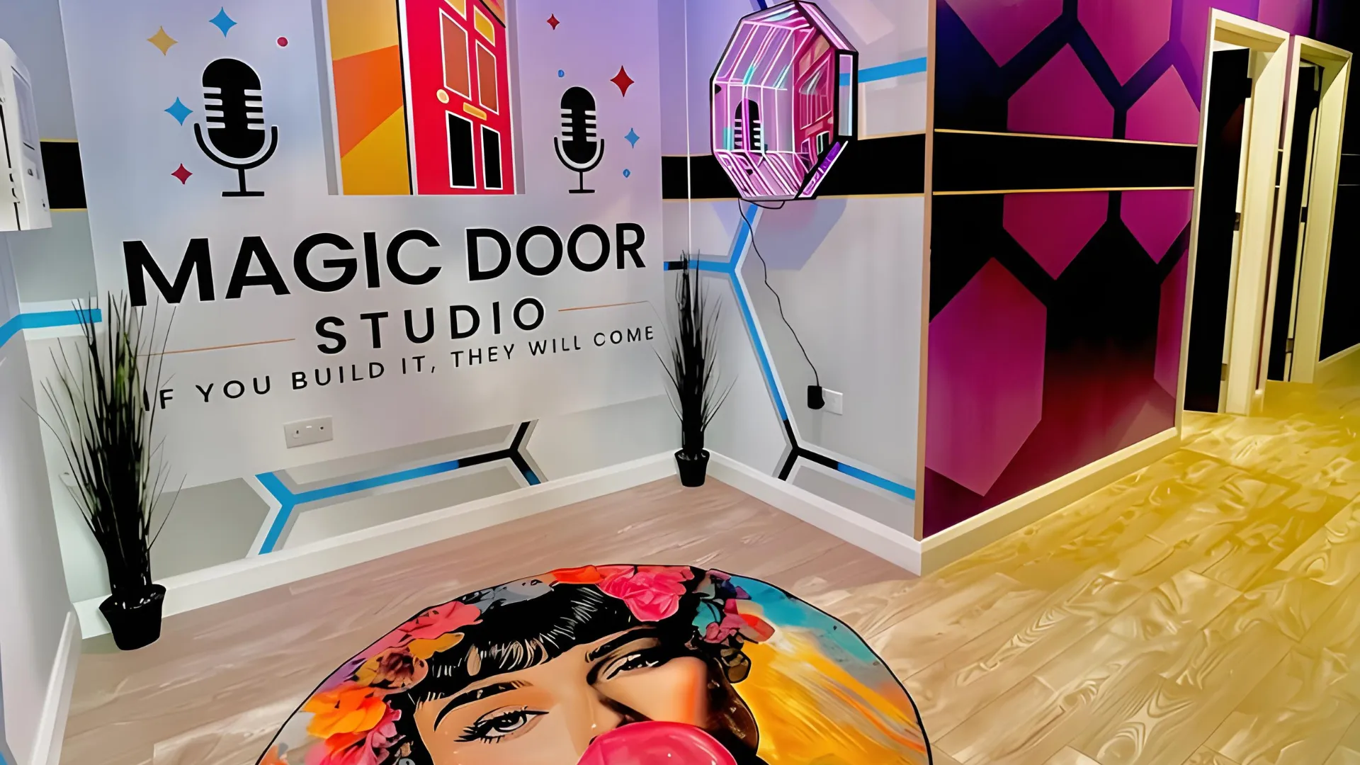 The Magic Door Studio entrance: rainbow hexagon LED ceiling, logo mural and pop-art rug