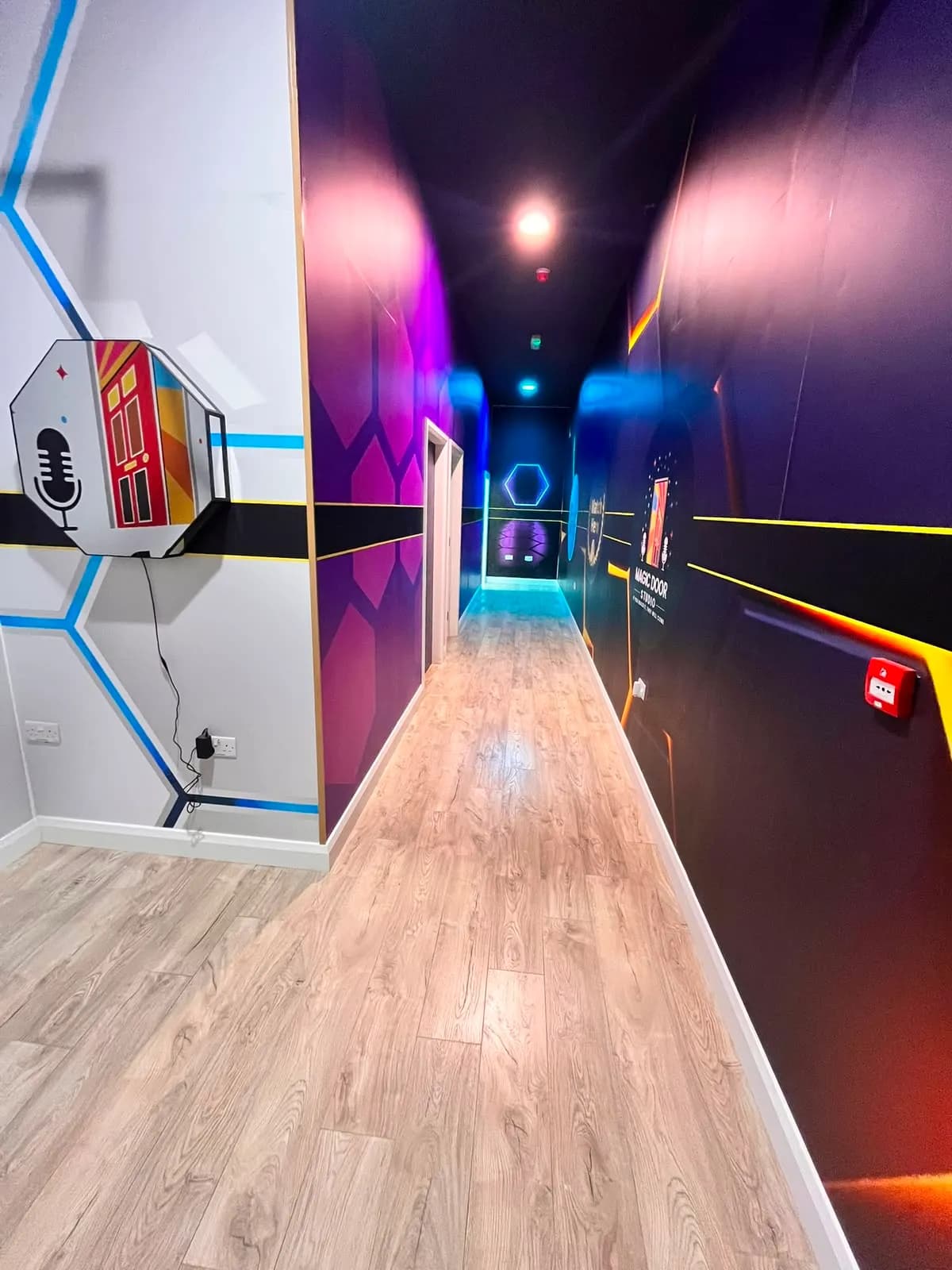 The corridor to the studios, hexagon murals leading to the neon door