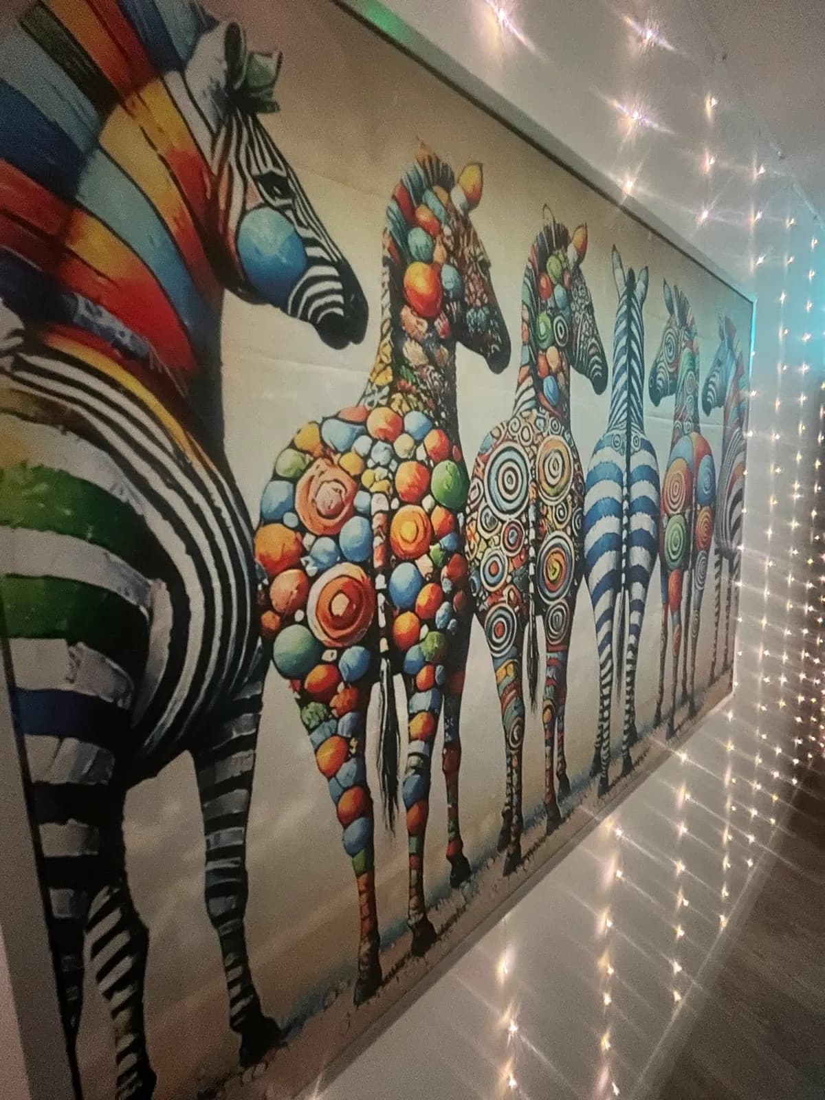 The multicolour zebra art wall beside the fairy-light curtain