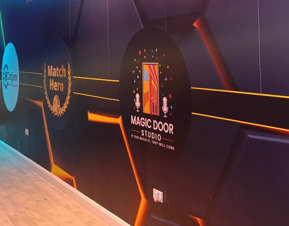 Partner logo discs on the entrance wall