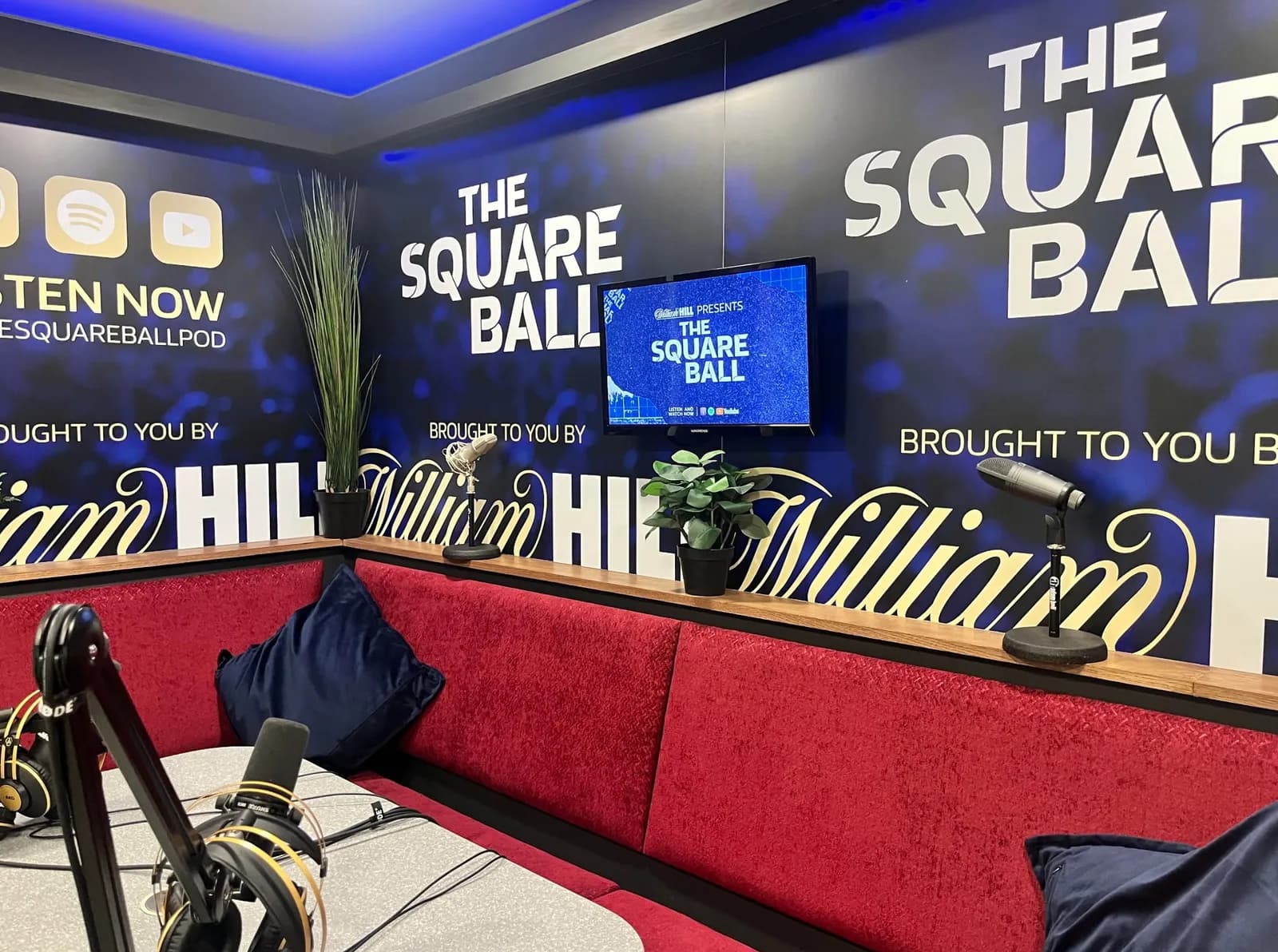 The Square Ball set: William Hill branding wrapping the booth under blue LED