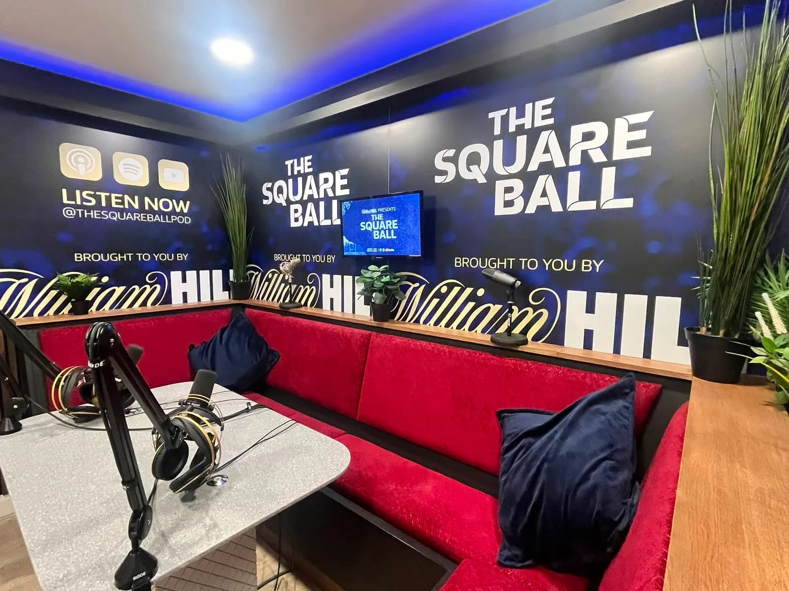 The Square Ball set wrapping the scarlet booth in William Hill blue, mics ready on the table