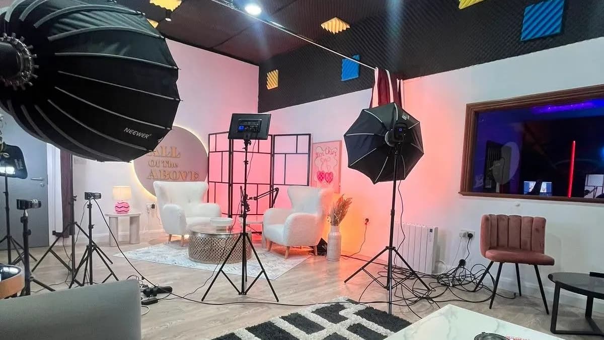 The full production floor: softboxes, lighting rig and the All Of The Above halo by the control-room window