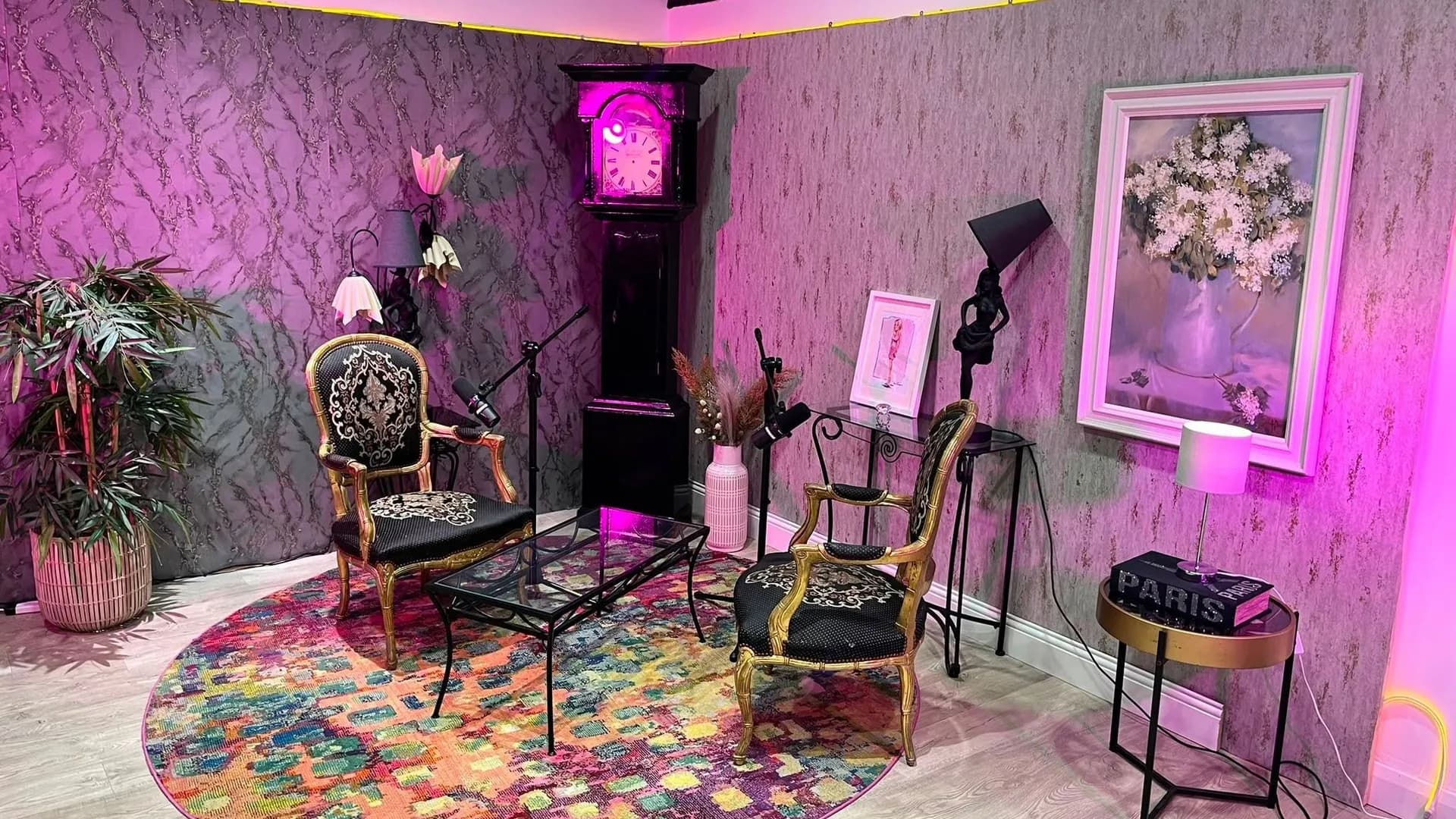 The pink parlour dressed for recording: gold chairs, grandfather clock and mics ready